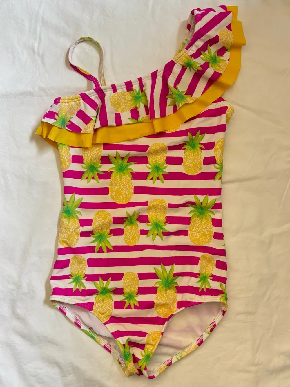 Lands' End Girls One-Shoulder Pineapple Stripe Swimsuit - Pink, Yellow, Green